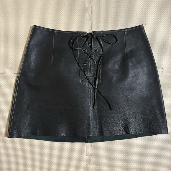 Free People Dresses & Skirts - Free People Black Leather Lace Up Mini Skirt Size 8 Edgy Western Festival Rocker
